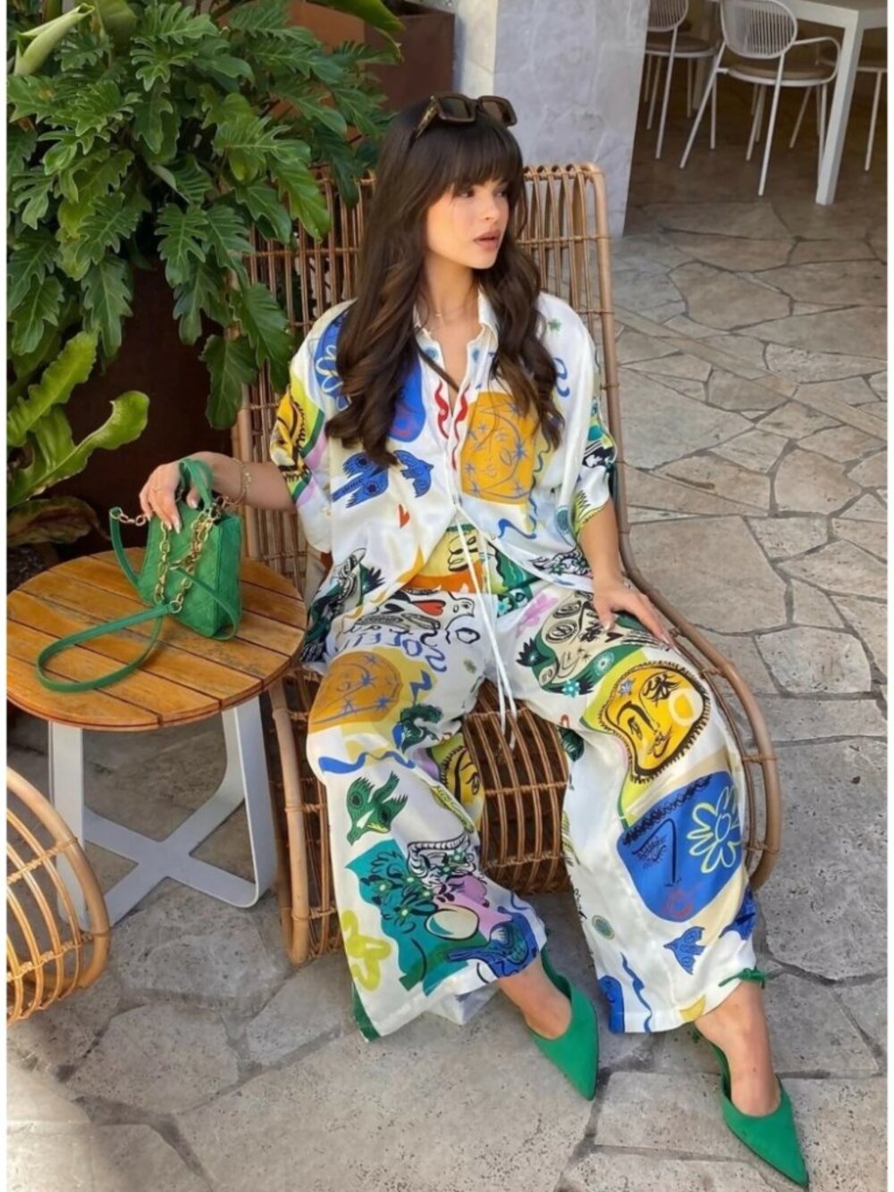 Alemais Soleil SIlk Shirt & Pull on Pants Set Print Resortwear Vacation Size 2